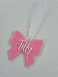 Personalised Bow Acrylic bag tags Add name to comments