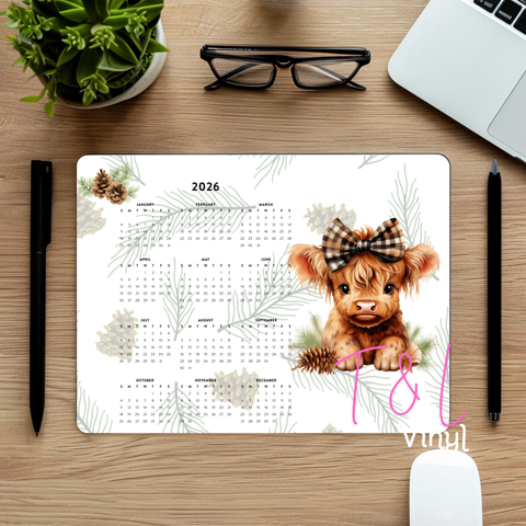 757 Highland Cow 2026 Floral Mouse pad Calendar Sublimation Print