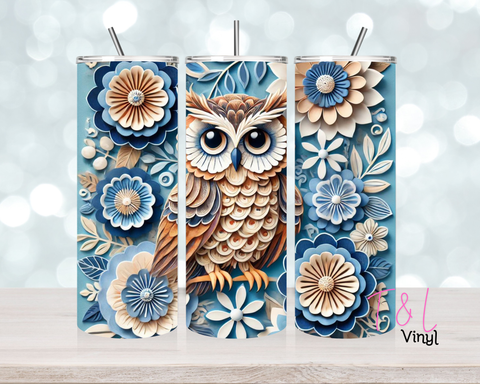 3D Owl White Flowers  20 oz Sublimation wrap (452)