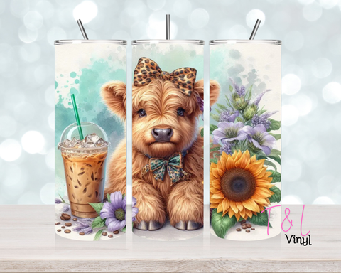 1411 20 oz Watercolour Highland Cow Sublimation wrap