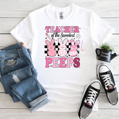 326 DTF Pink Teacher of peeps Adult shirt