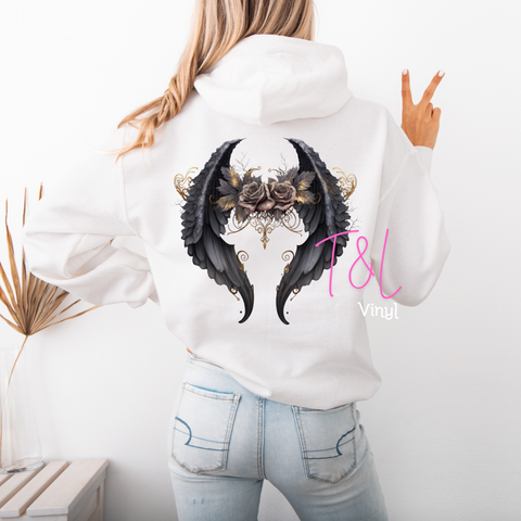 676 DTF Black wings and gold roses prints