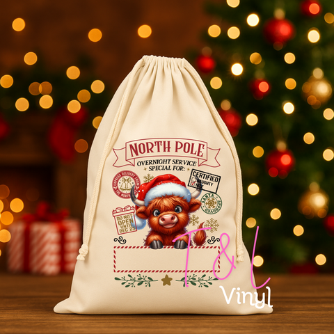 911 DTF Cute Highland Cow Christmas Santa Sack  -  Print