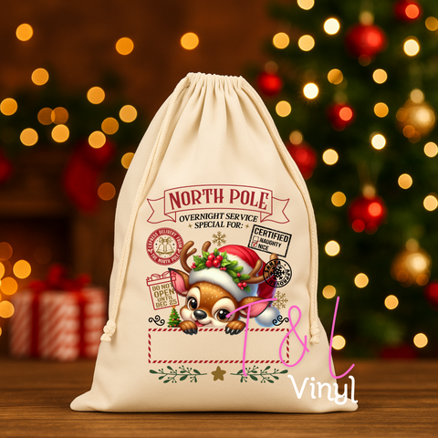 910 DTF Cute Reindeer Christmas Santa Sack  -  Print
