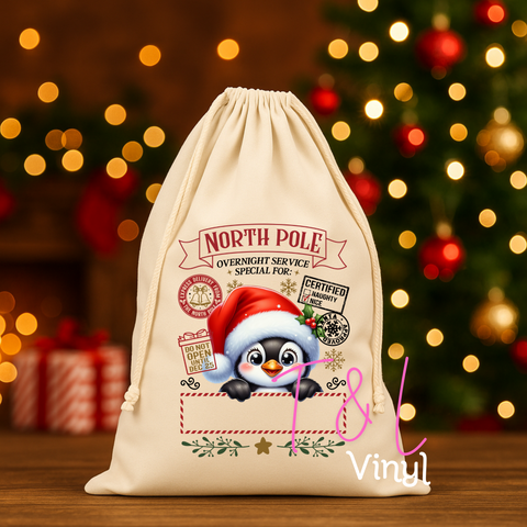 909 DTF Cute Penguin Christmas Santa Sack  -  Print