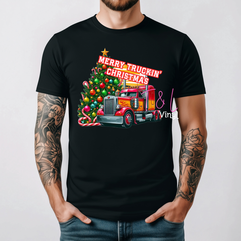 1073 DTF Merry Truckin Christmas Shirt  -  Adult Print