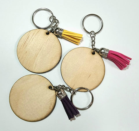 Wooden round key ring 50mm with tassel